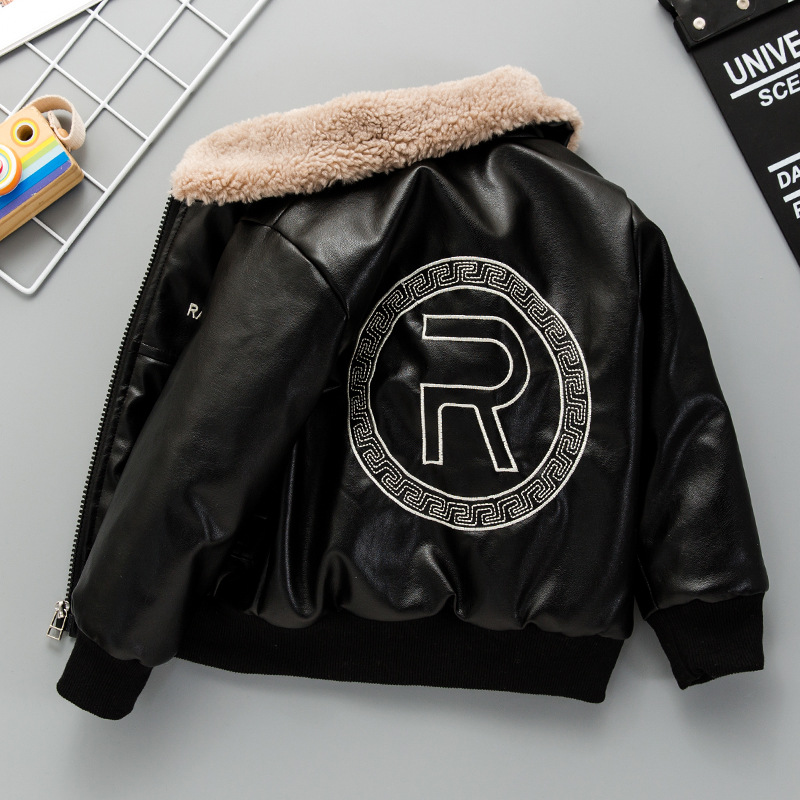 Boys' Fleece-Lined Thickened Leather Jacket Children's Autumn and Winter PU Leather Jacket Motorcycle Handsome Coat Children's Clothing
