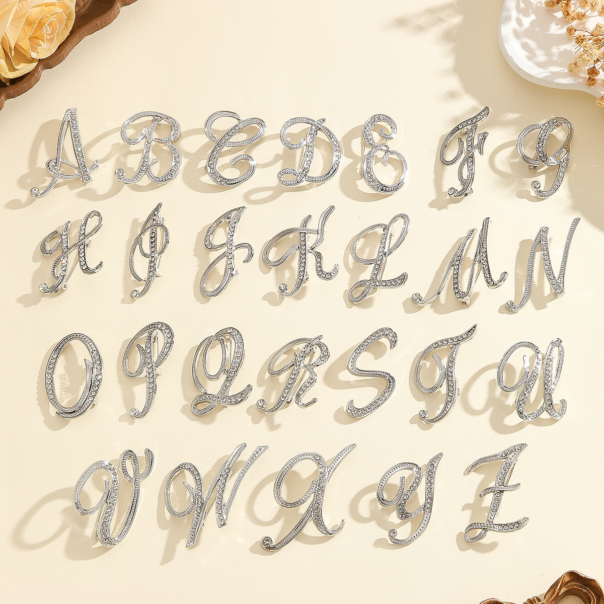 Korean-Style Rhinestone 26-Letter Alphabet Brooches, Elegant and Sophisticated Alloy Brooches with Rhinestones, Wholesale