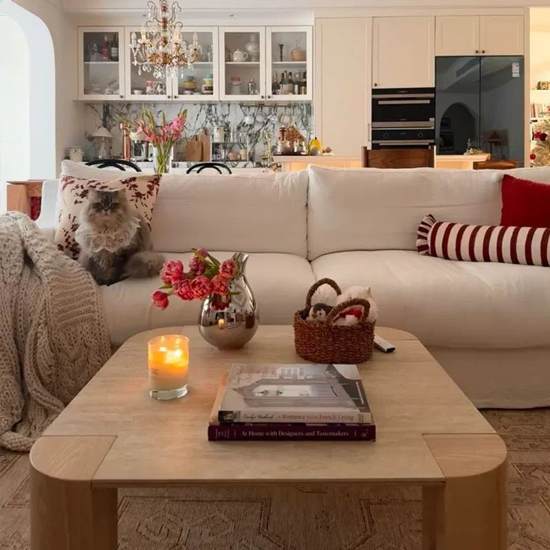 Cream Style Modern Simple Travertine Coffee Table Small Apartment Living Room Home Slate Solid Wood Coffee Table Tea Table B&B