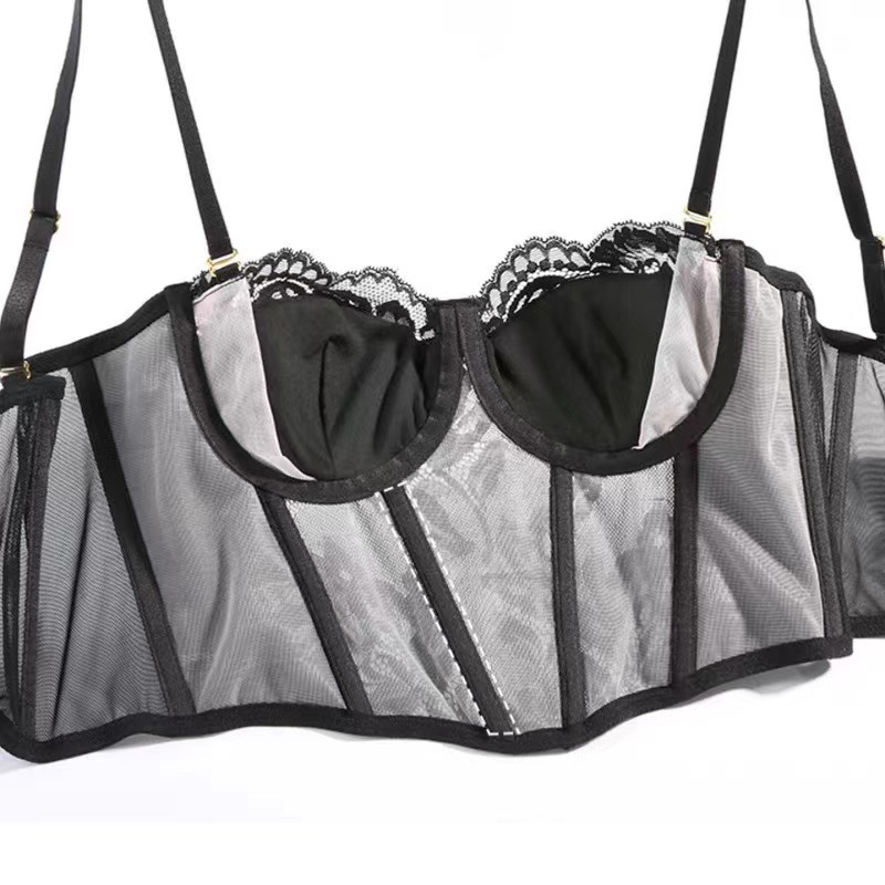 French Style Sexy Underwear Women's Long Fishbone Body Shaping Bra Glow Lace Trim Soft Steel Ring Gather-up Vest Bra