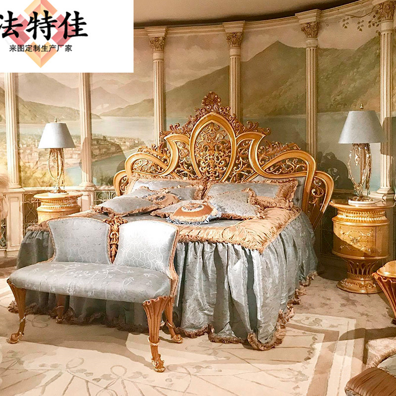 European Double Bed French Luxury Solid Wood Carved Master Bed 1.8 m Fabric Princess Bed Villa Furniture