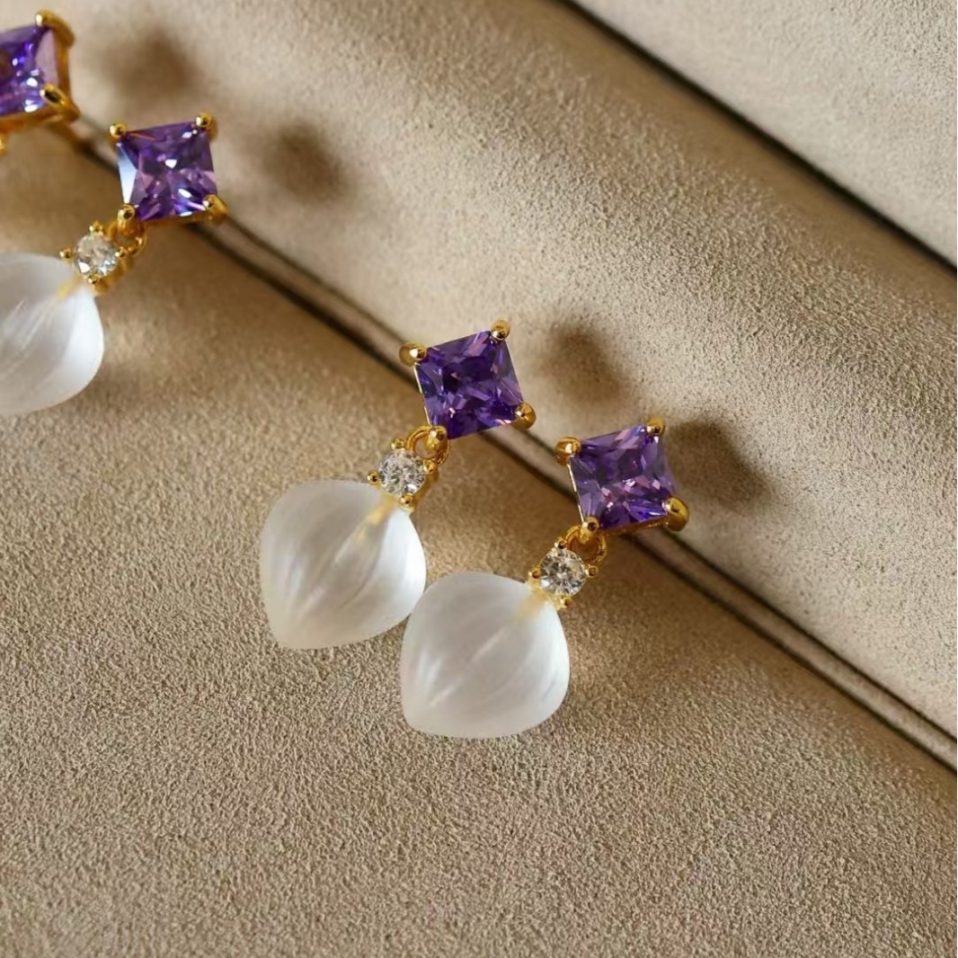 Natural Frosted White Crystal Earrings, Earrings, Medieval Design, S925 Silver, All-Over Silver Earrings, Fashionable