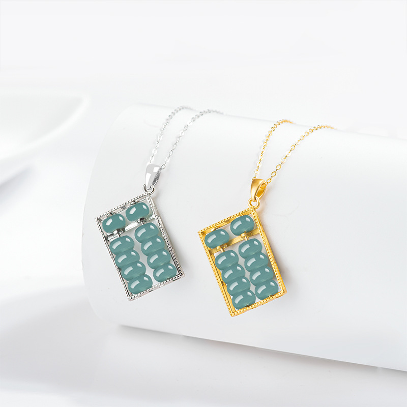 Natural A-Grade Jadeite Blue Water Tongcai Abacus Pendant S925 Silver Inlaid Ice Jade Pendant Necklace for Men and Women