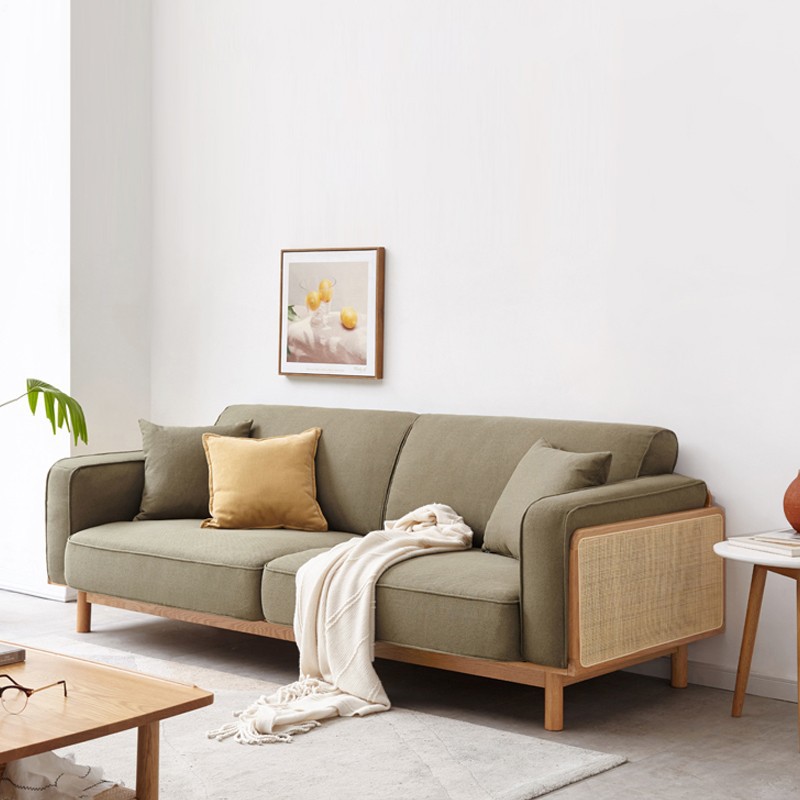 Набор ротанговых диванов 2025, японский стиль, ясень, трехместный, ткань, натуральное дерево, простой, маленькая квартира, гостиная, массивное дерево, трендовый