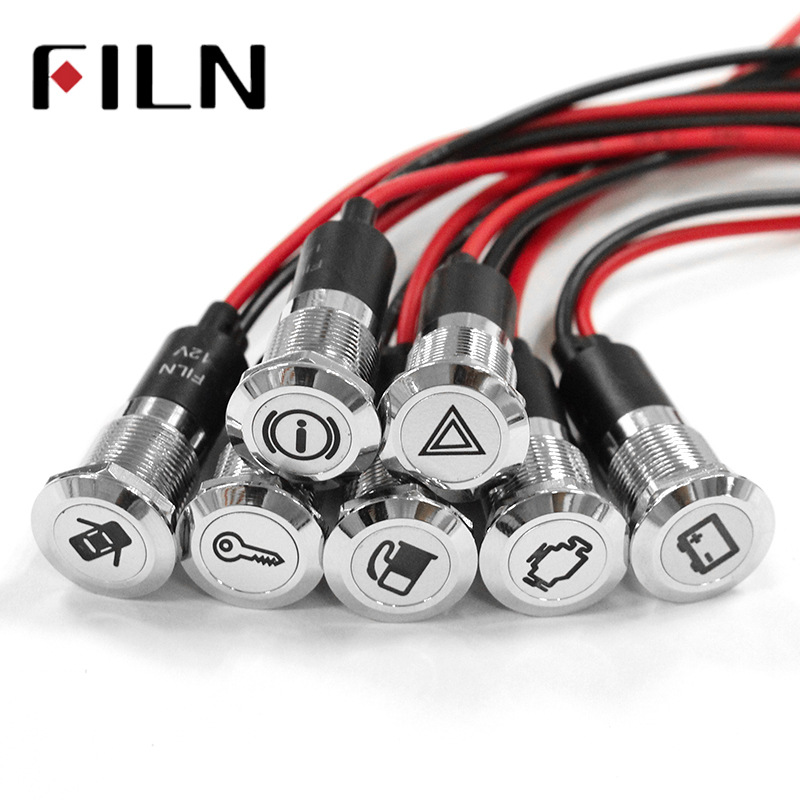 14mm all kinds of symbol indicator light 12V220V metal with wire signal lamp symbol can choose LED black plating