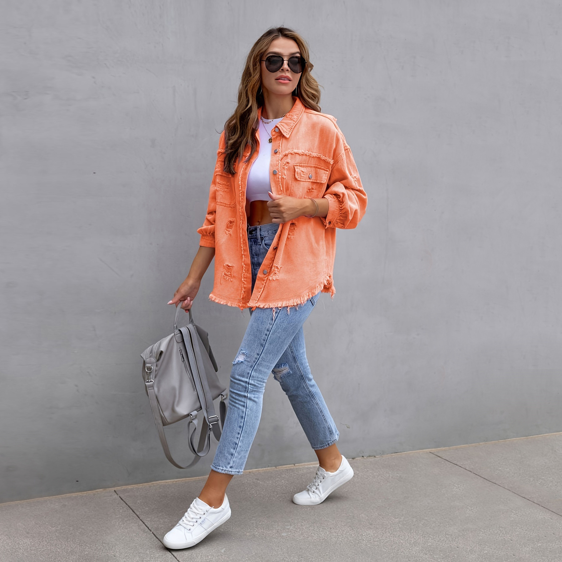 Cross-Border New European and American Denim Jacket for Women Solid Color Loose Jacket Ripped Long-Sleeved Women's Denim Shirt