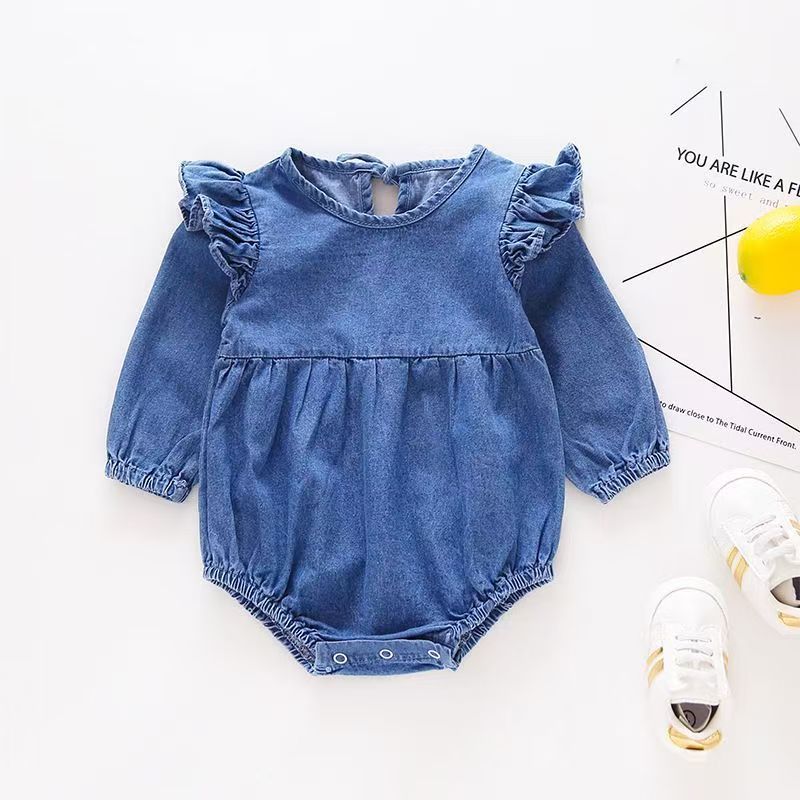 Amazon Autumn and Winter Triangle Long-Sleeved Baby Shirt Collar Denim Brother and Sister Outfit Triangle Crawler Suit