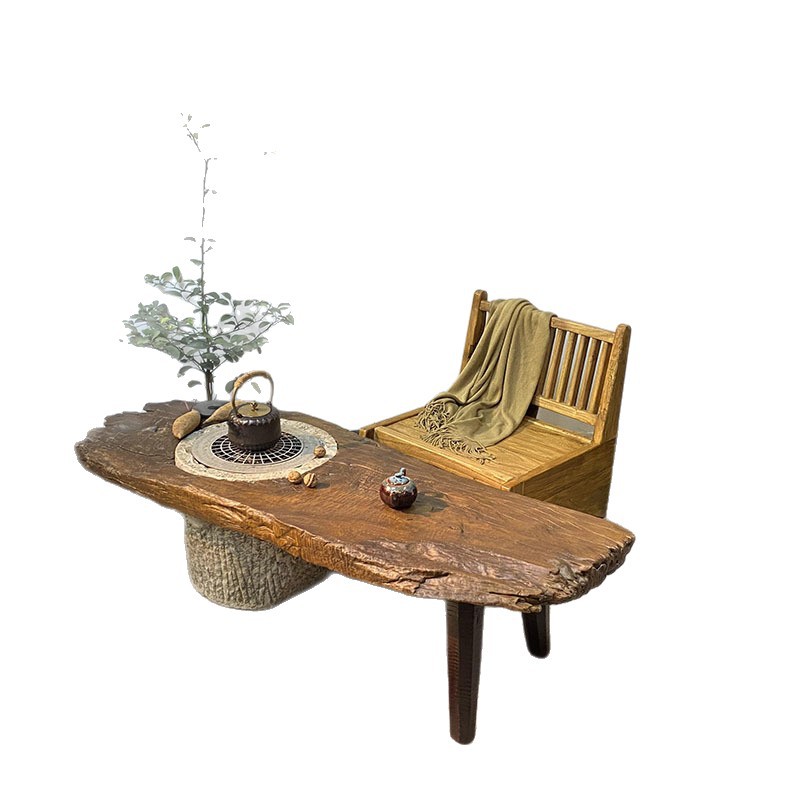 Vintage Solid Wood Tea Table with Irregular Weathered Plank Design for Relaxing Tea Time