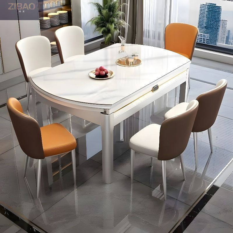 Rock Board Dining Table and Chair Combination Modern Simple Household Small Apartment Light Luxury Dining Table Variable Round Table Telescopic Solid Wood Dining Table