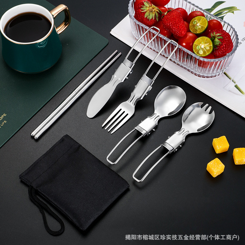 Amazon Folding Tableware Set Folding Knife, Fork, Spoon, Removable Chopsticks, Outdoor Portable Tableware Bag