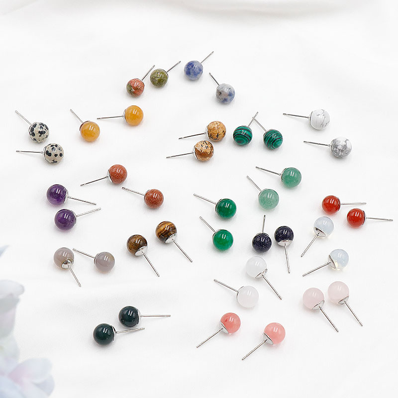 Natural Crystal Agate Earrings Amethyst Round Beads Retro Women's Fashion Atmospheric Earrings Cross-border Live Supply