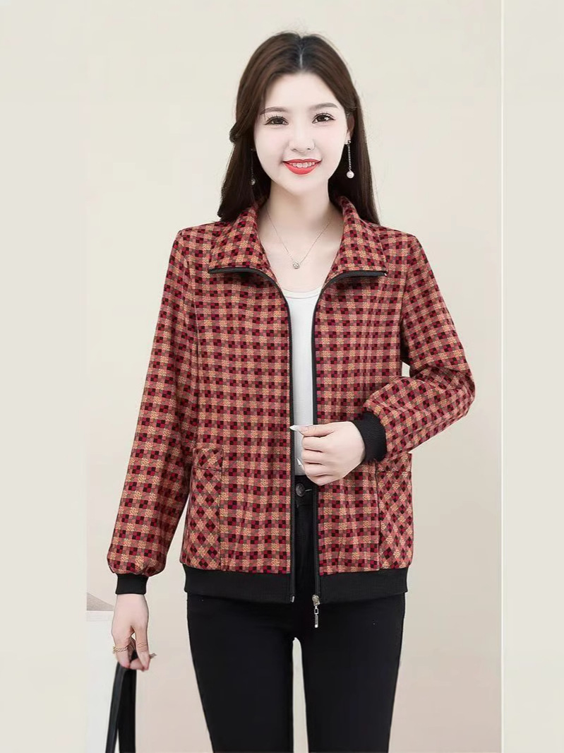 Spring and Autumn Short Coat New Middle-aged Mother Women's Top Stylish Middle-aged and Elderly Women's Plaid Fashion Jacket