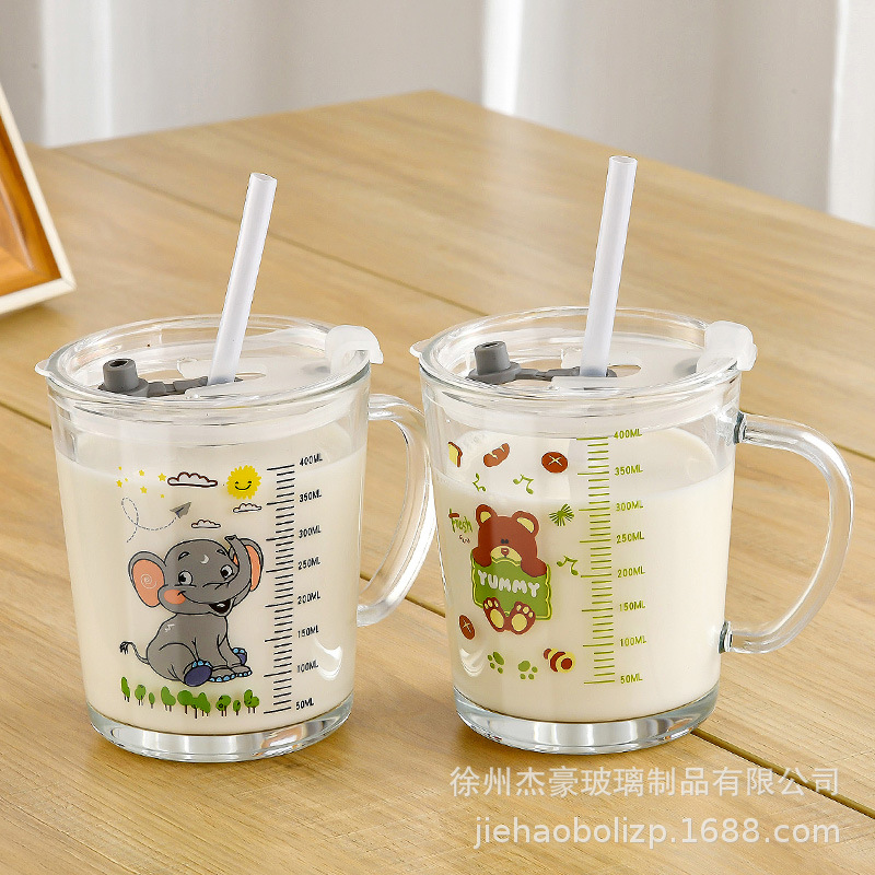 Cartoon Scale Milk Cup Cyber Celebrated Glass Water Cup Children's Suction Tube Cup with Handle Breakfast Cup with Lid Single Layer Cup