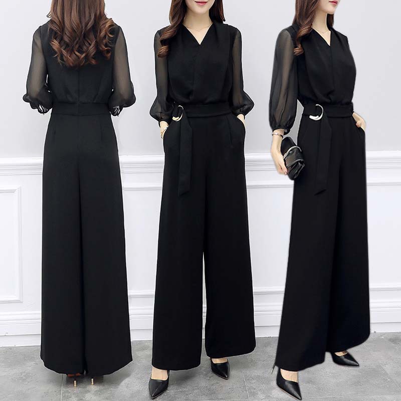 Весенний и летний новый комбинезон с завышенной талией из шифона черного цвета с укороченными рукавами, облегающий и элегантный с широкими штанами для женщин