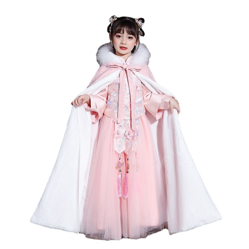 Girls' Cloak Cloak Fur Collar Fleece-Lined Thickened Winter Outgoing New Year Clothing Children's Super Fairy Princess Antique Hanfu