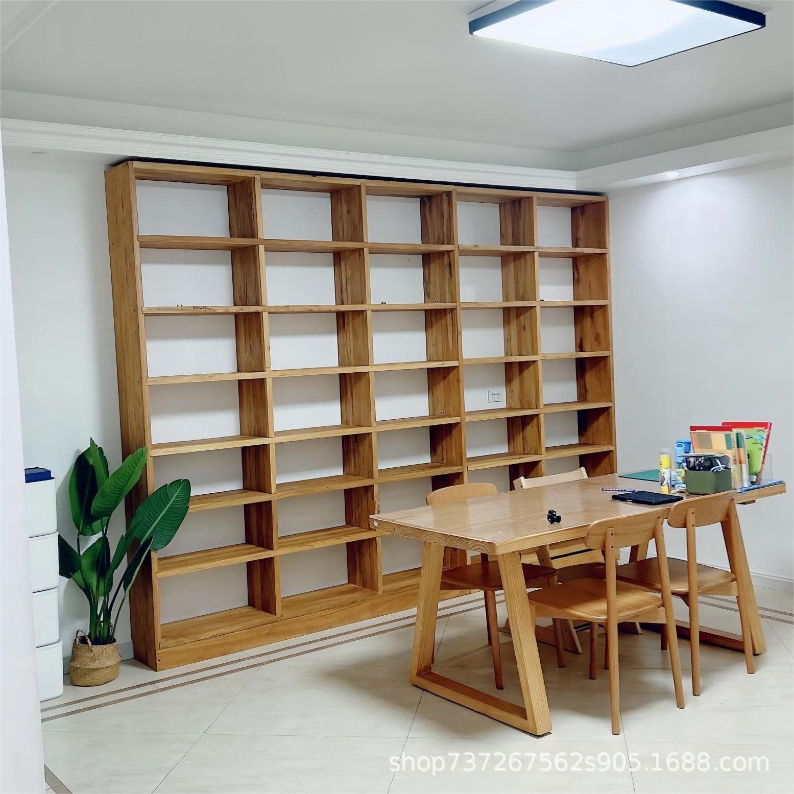 Solid Wood Bookshelf Bookcase Full Wall Old Elm Plaid Bookshelf Floor Supermarket Shelf Log Wall Storage Rack Exhibition Rack