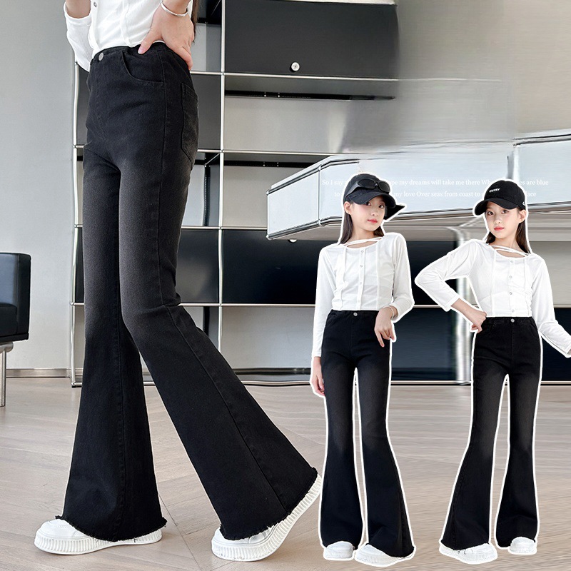 Girls' Spring and Autumn Pants 2025 New Korean Style Fashionable Frayed Hem Stretchy Flared Jeans Long Pants