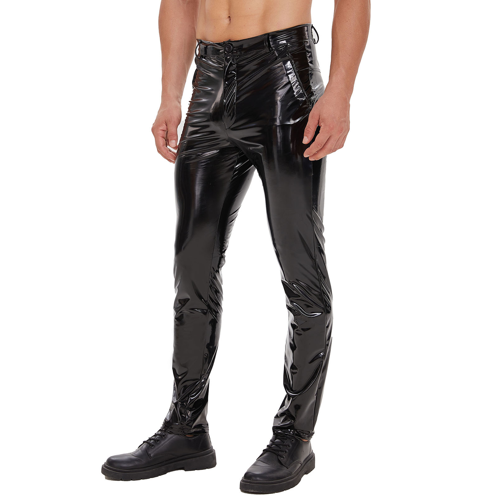 Cross-Border Products European and American Men's Zipper Open Pu Bright Leather Pants Casual Straight Shaping Pants Accurate Size
