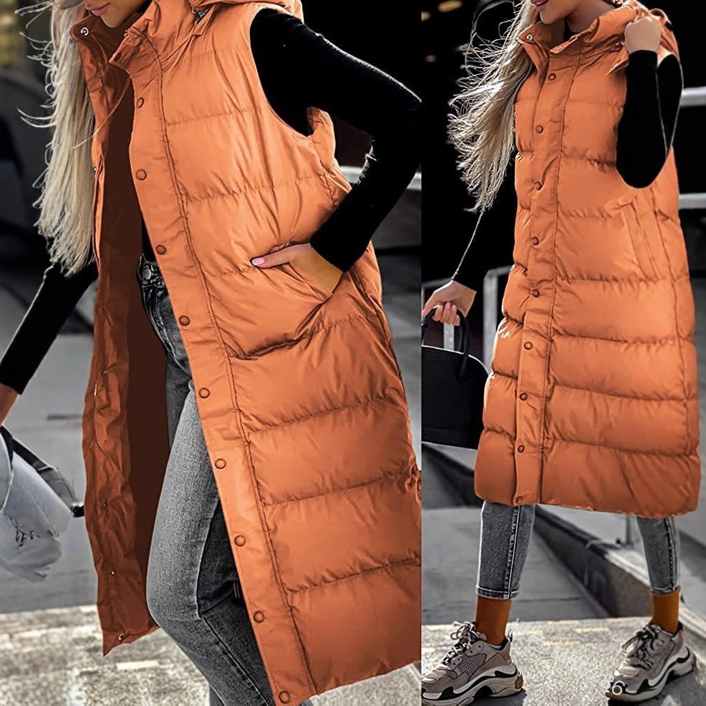 Cross-Border 2023 European and American Pure Color Mid-Length Vest Hooded Top Women's Casual Fashion Zipper Single-Breasted Jacket