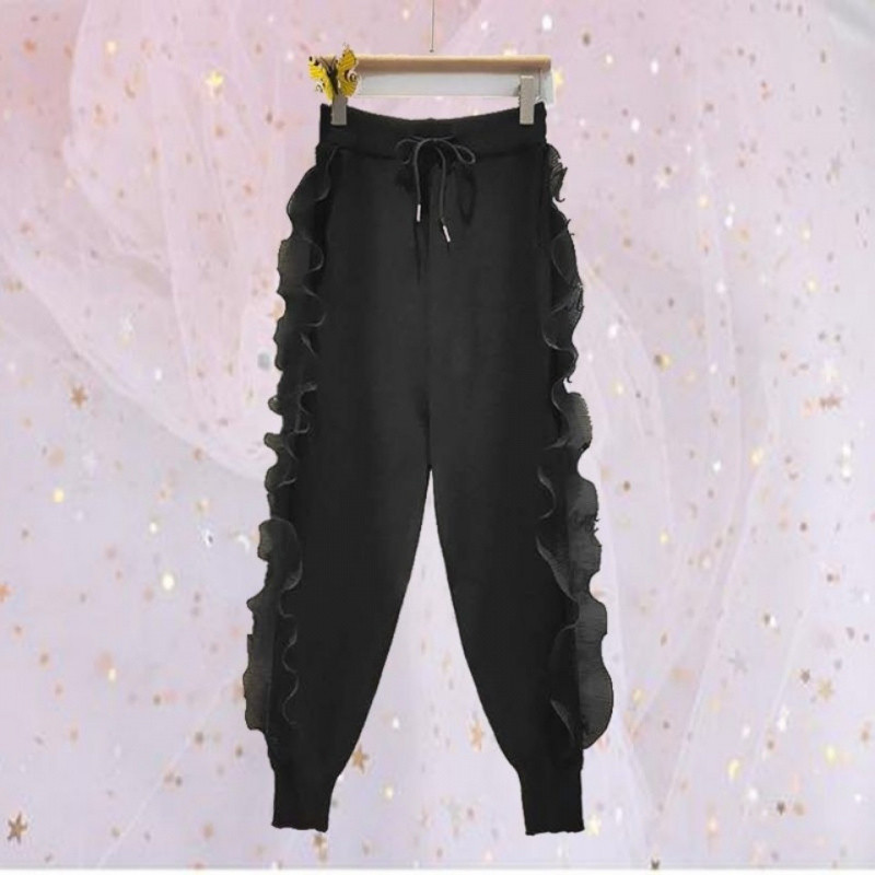 Z1B [14,000+ Followers] High-Waisted Slimming Casual Sports Lace Long Pants Harem Pants Women's New Style Ruffled Pants