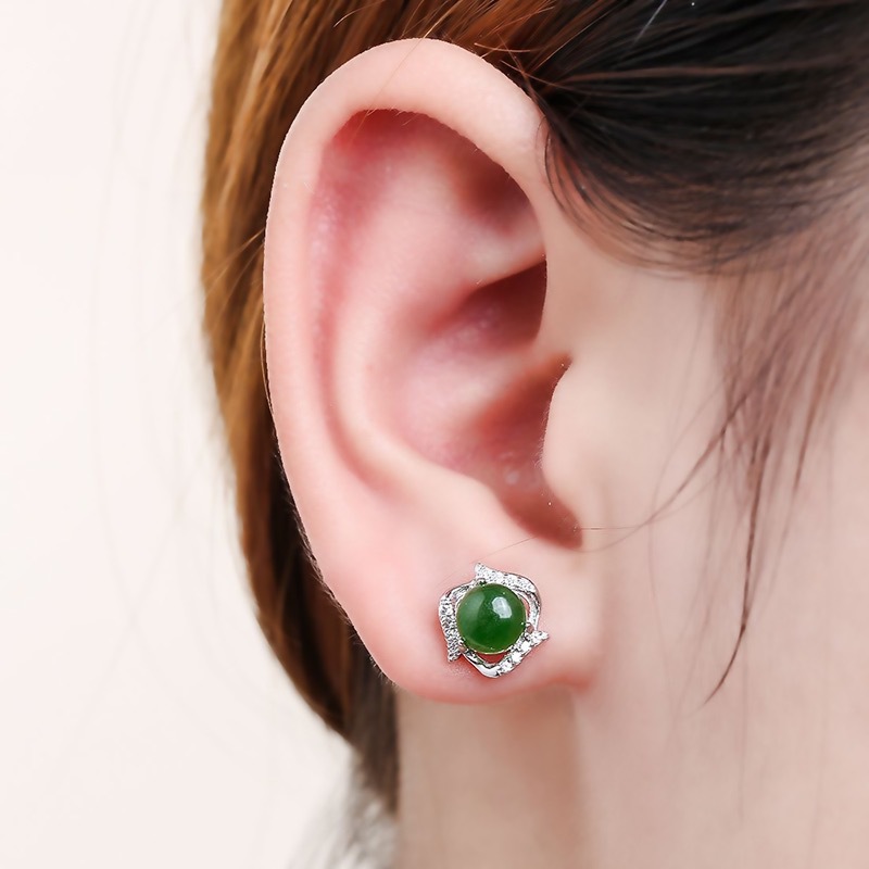 Natural Malay Jade Earrings Green Chalcedony Earrings Korean Style Fashion Elegant Women's Simple Jasper Inlaid with Hetian Jade