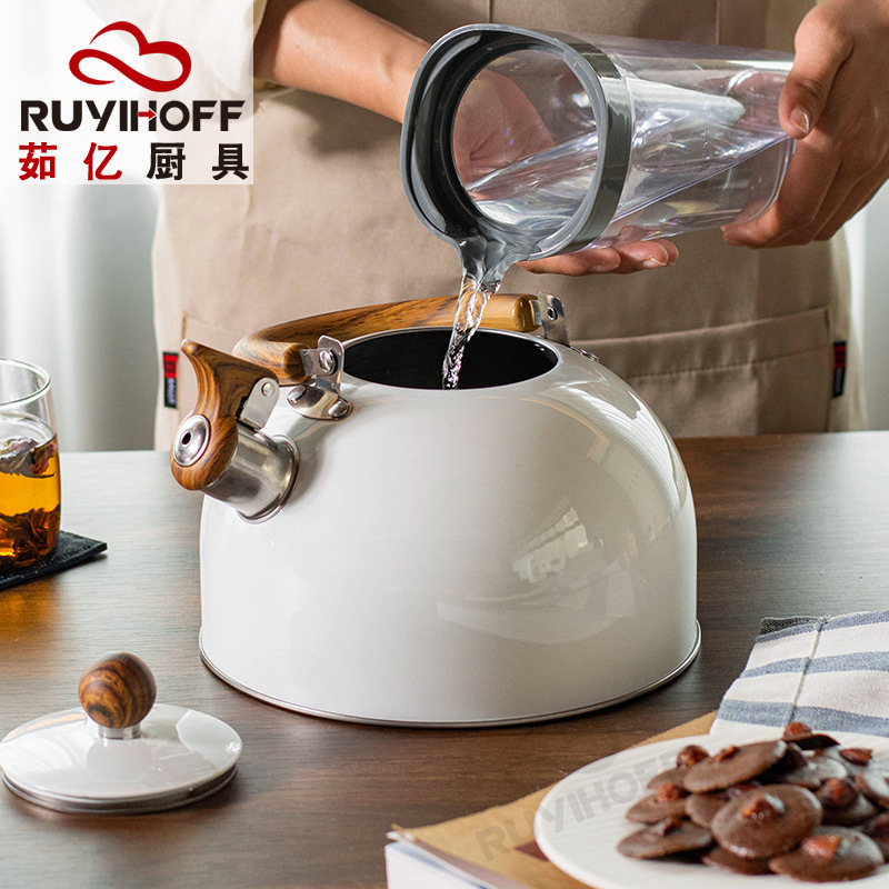 Amazon New White Whistle Kettle Tea Coffee Sound Kettle 3L European and American Kitchenware Wood Grain Handle