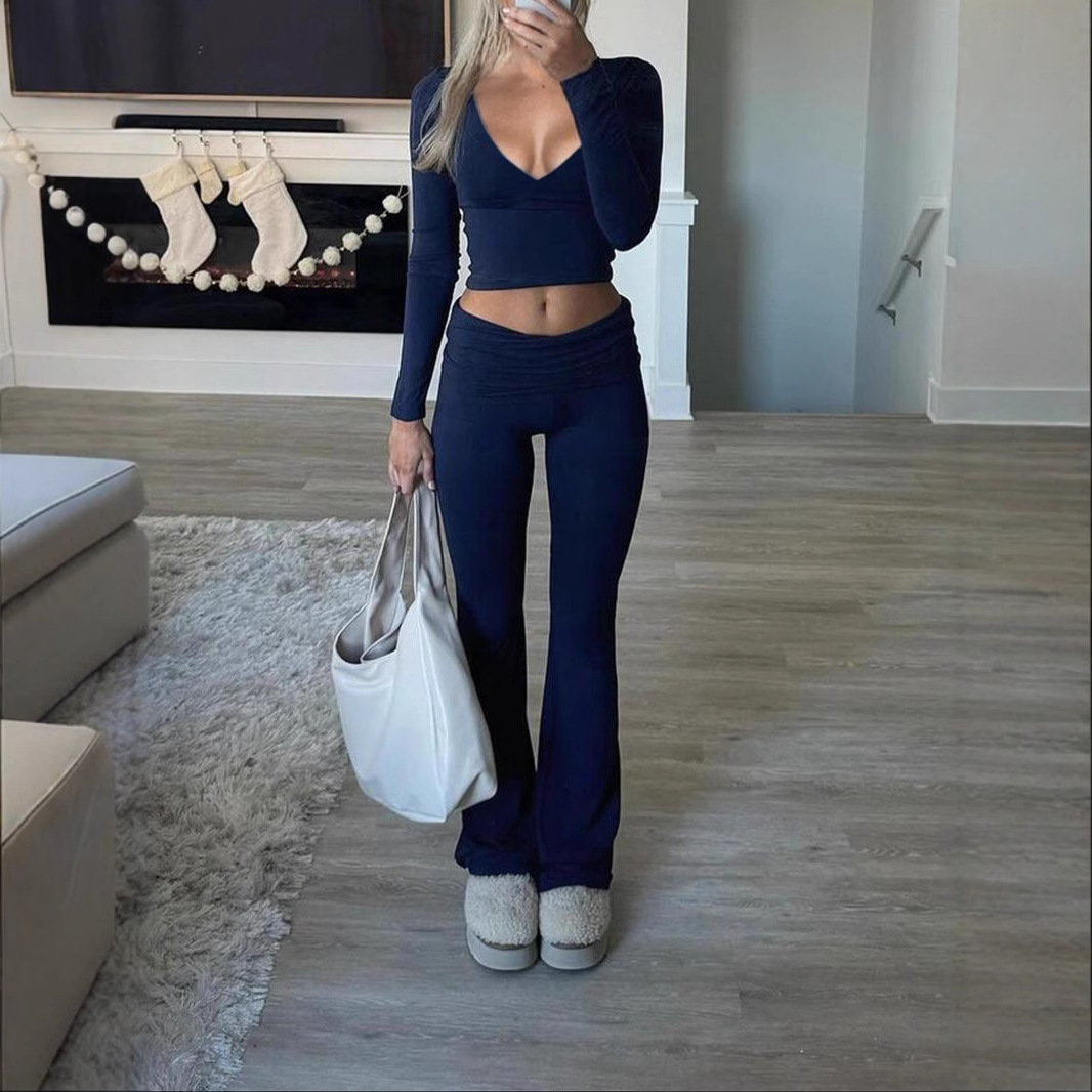 2024 Cross-border European and American Women's Clothing Amazon Leisure Sports Slim-fit Knitted Long-sleeved Pants Two-piece Suit