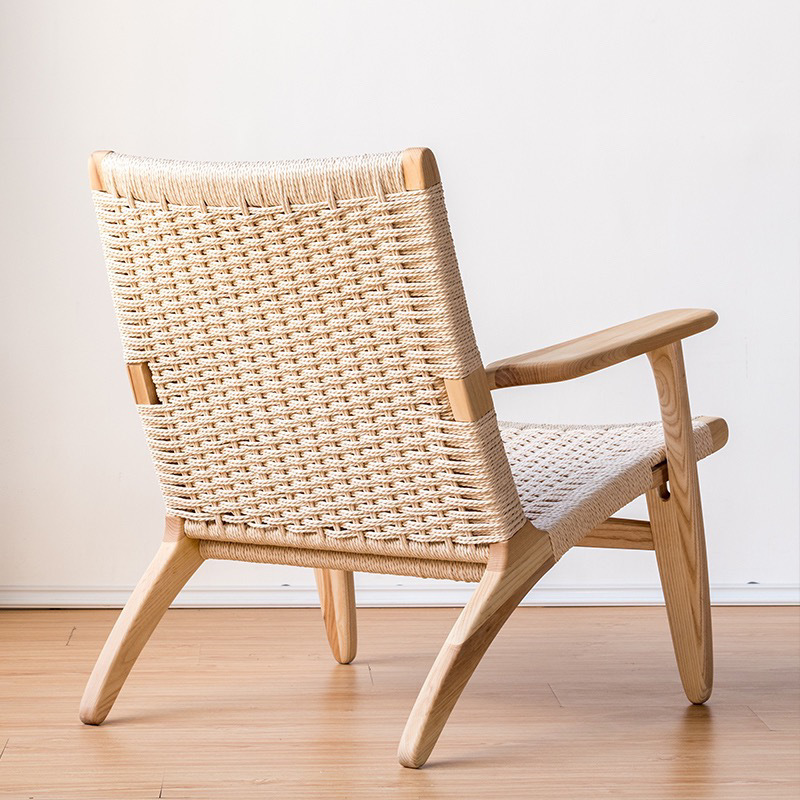 Nordic Solid Wood Single Sofa Chair Saddle Rattan Chair Balcony Leisure Hemp Rope Armrest Backrest Lazy Chair Outdoor
