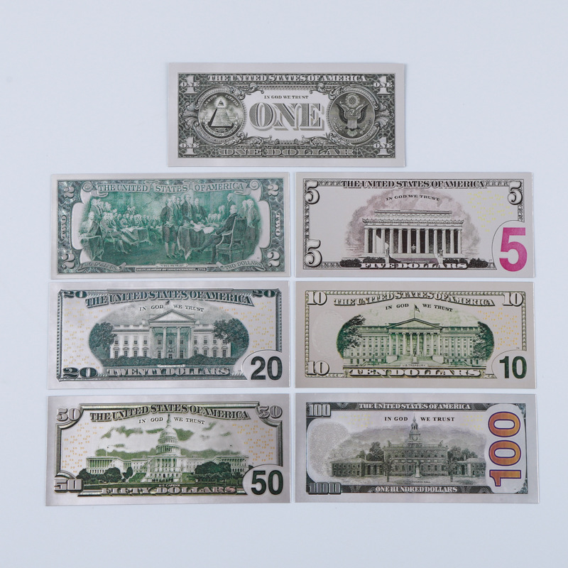Plastic Gold Foil Banknotes Colorfulful Dollar Collection Coins 7-Piece Set Toy Props Coins Creative Commemorative Banknotes Manufacturer Supply