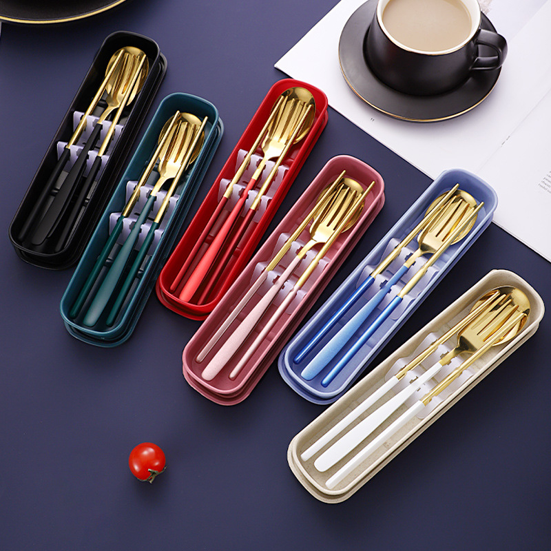Stainless Steel Korean Portable Tableware Fork Spoon Chopsticks Set Gift Storage Box Student Tableware Three-Piece Set