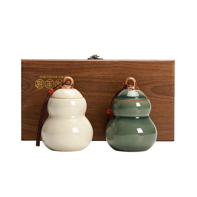Tea Cans Ceramic Sealed Cans Folu Gourd Jars Chinese Medicine Powder Storage Jars Gift Boxes for Elders Gifts at Hand