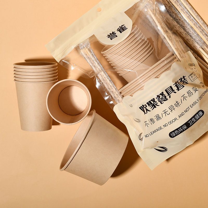 Disposable Three-Piece Tableware Set, Individually Packaged, Household Outdoor Picnic, Camping Paper Bowls, Paper Cups and Chopsticks