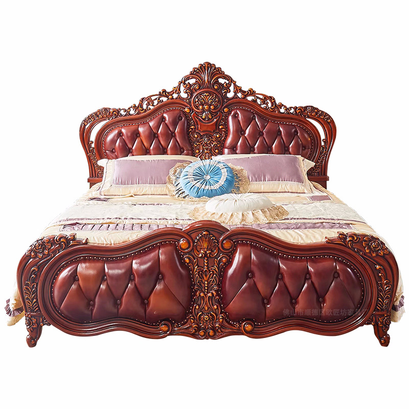 European-style Leather Double Bed Wedding Bed Master Bedroom Leather Queen Bed Solid Wood Bedside Table Four-door Wardrobe Leather Bed End Stool