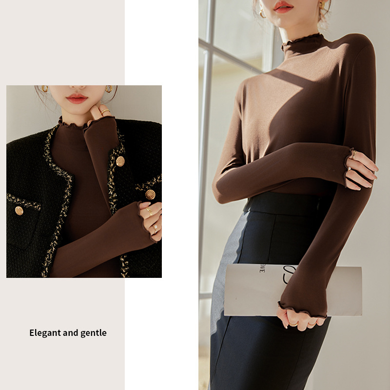 Carefully Selected New Autumn and Winter Ruffled Base Shirts for Women, New Autumn and Winter Coconut Oil Mask Shirts, Inner Wear Slim-Fitting Long-Sleeve Tops
