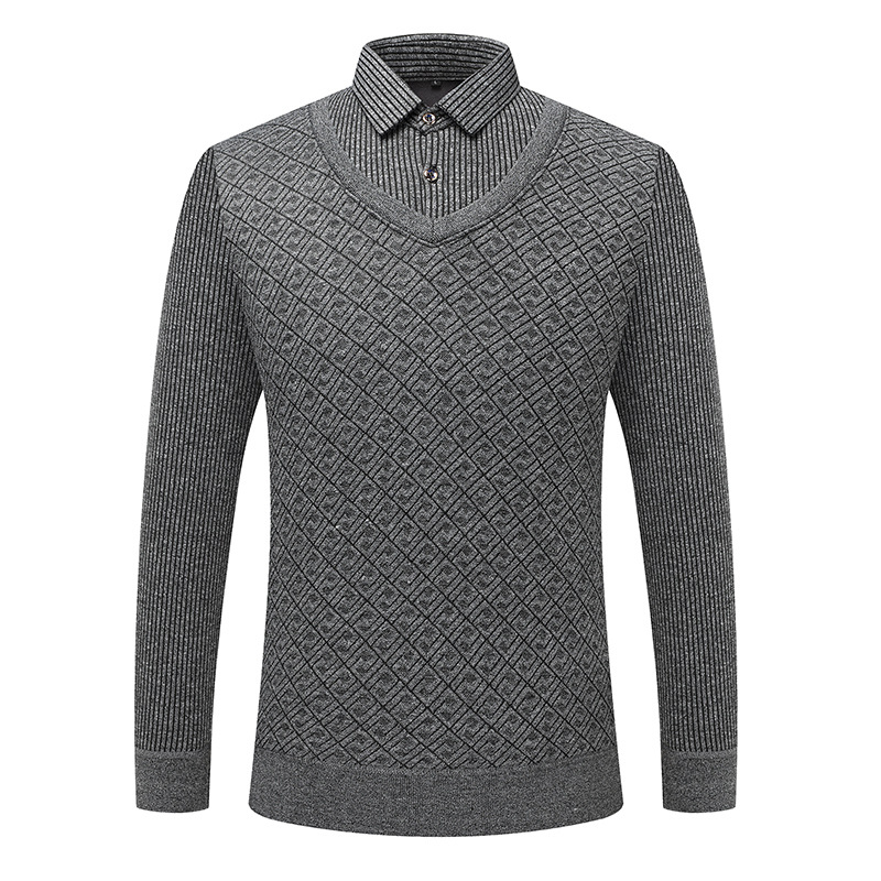New Thickened Warm Fake Two-piece Men's Long-sleeved Autumn and Winter Striped Stitching Casual Fake Collar Inner Knit Sweater