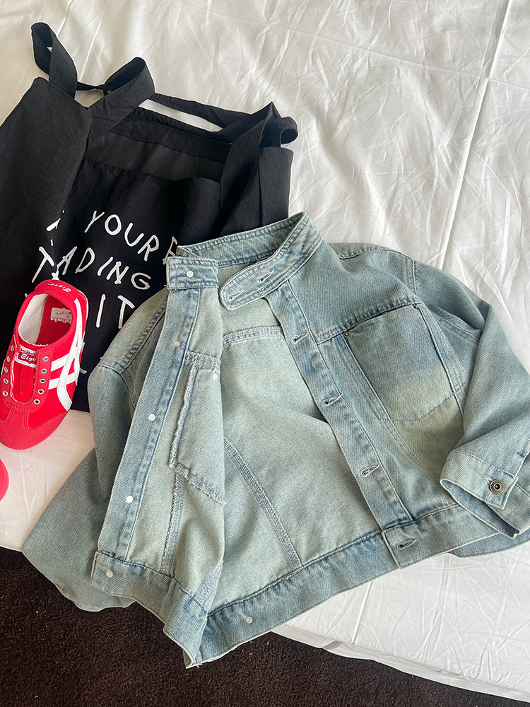 Emo Beibei Children's Port Fashion Handsome Sand Wash Vintage Denim Coat Trendy Casual Short Collar Top for Boys and Girls