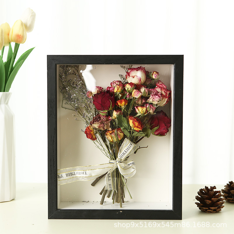 Chinese Valentine's Day Hollow Stereo Dried Flower Photo Frame Solid Wood Texture Empty Frame High-End Specimen Table 6inch Ornaments