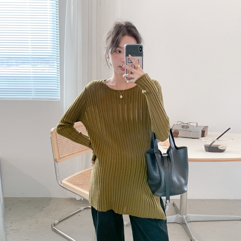 Autumn Maternity Shirt Knitted Fashionable Maternity Wear Mid-Length Maternity Bottoming Shirt Knitted Cut Out Long-Sleeved Sweater