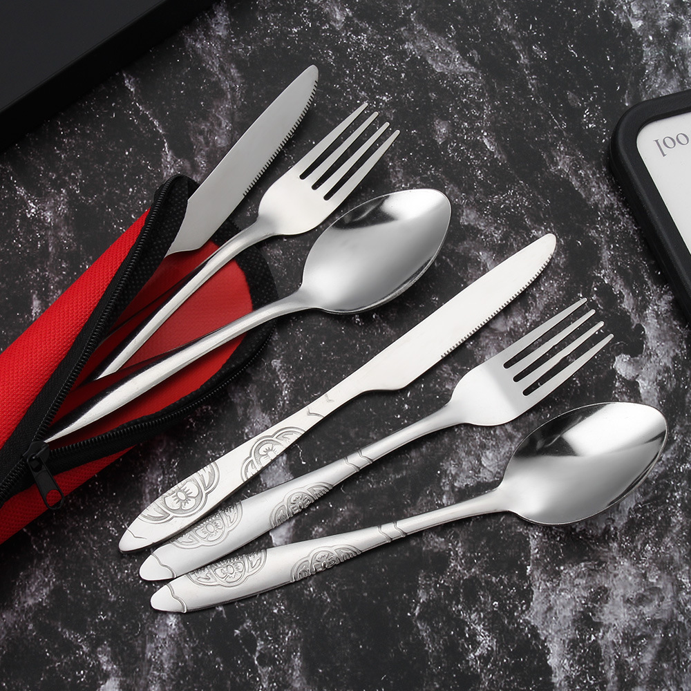 Western Food Tableware Set Knife and Fork Spoon Stainless Steel Spoon Fork Chopsticks Three-piece Portable Triangle Bag Printable LOGO
