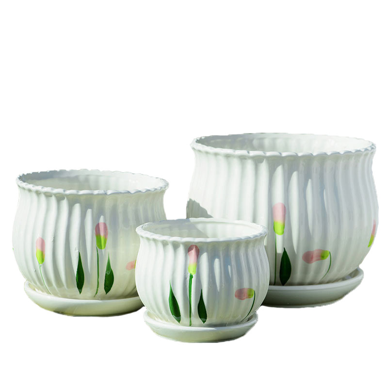 Flower Pot Ceramic Large Size Household Simple with Tray Creative Green Dendrocalamus Fleshy Small Flower Pot