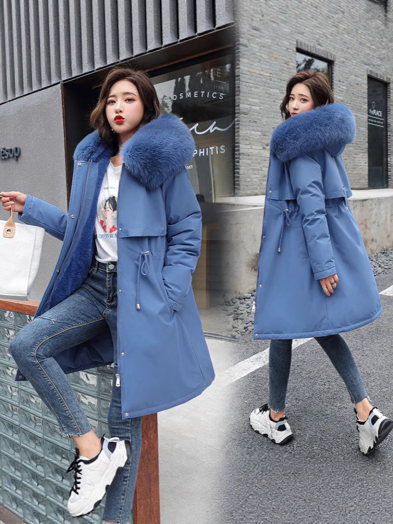 2025 Winter European and American New Women's Cotton-Padded Jacket Mid-Length Large Fur Collar Fleece-Lined Cotton-Padded Jacket down Cotton-Padded Jacket