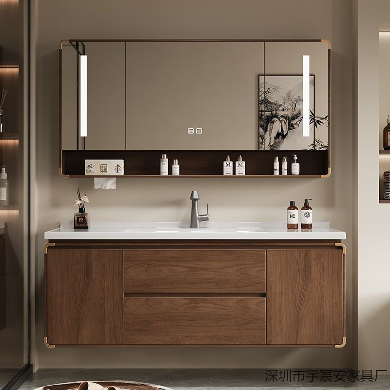 New Chinese Style Oak Bathroom Cabinet Ebony Wood Wash Basin Combination Ceramic Integrated Basin Bathroom Washstand