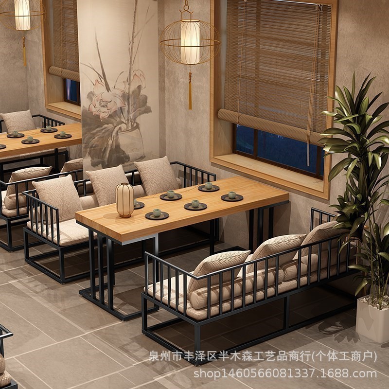 Новый китайский стиль, комбинация стола и стульев из кованого железа для коммерческого ресторана, гостиничного бокса