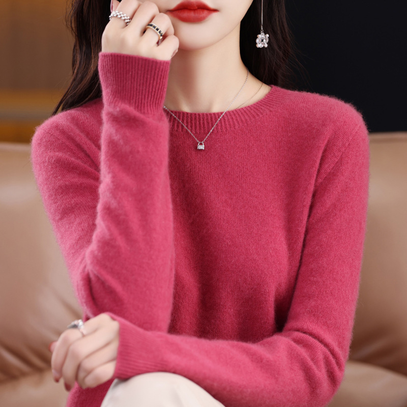 Wool Sweater Women's Pure Color Round Neck 24 New Long-Sleeved Seamless Knitted One-Line Ready-To-Wear Wool Sweater with Base Layer