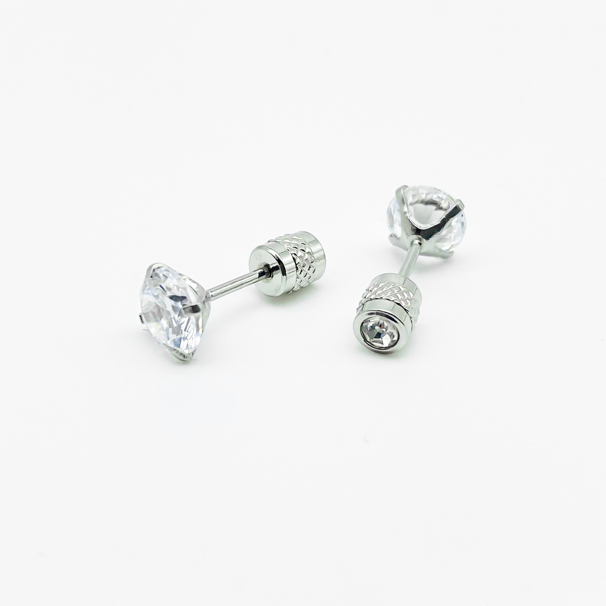 Cross-Border Direct Supply Stainless Steel Four-Prong Steel-Colored + Aaa Zircon with Patterned Column Integrated Stud Earrings Inlaid with Geometric Studs