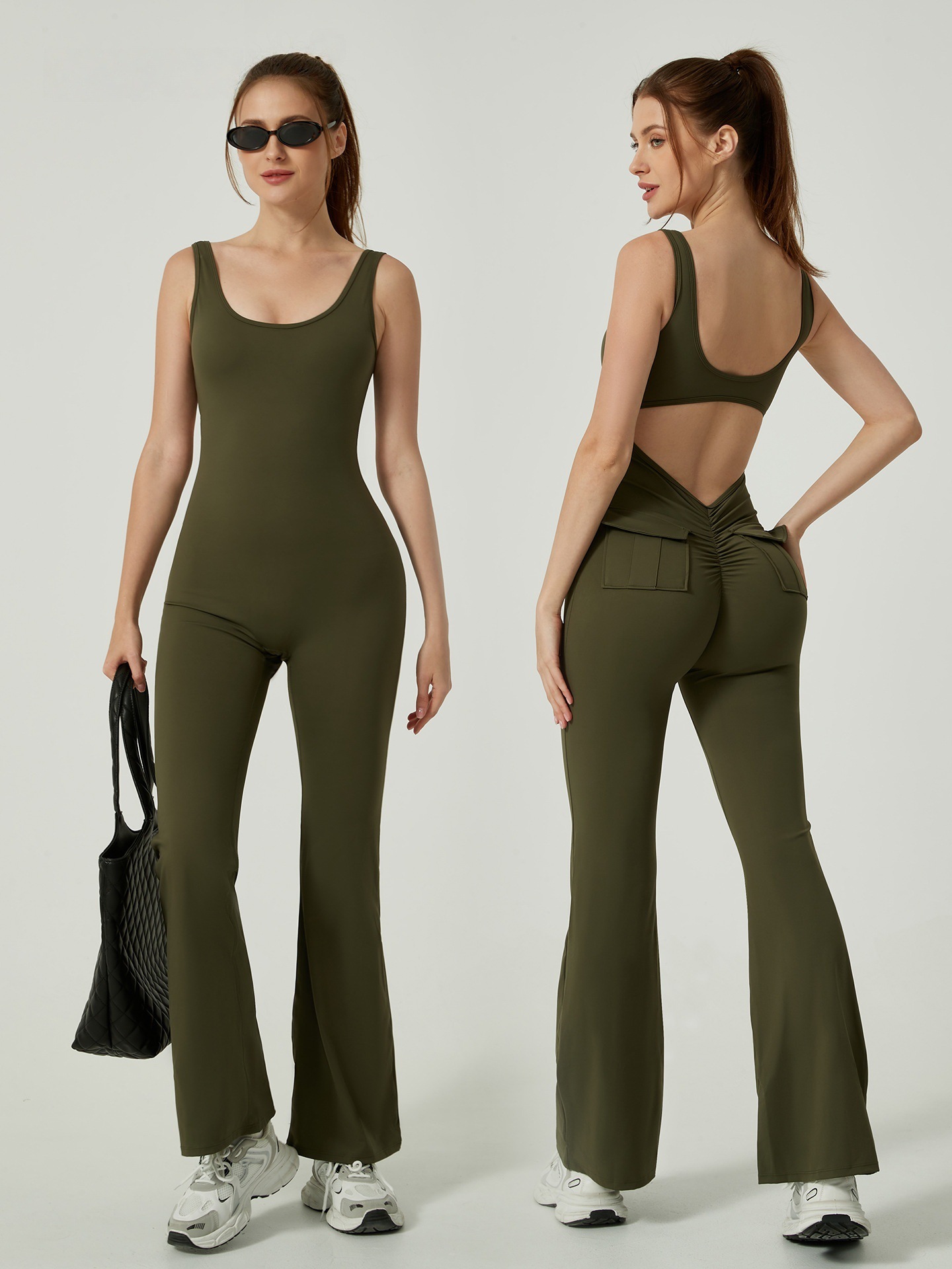 Модный комбинезон для йоги без швов с карманами, спортивный бодик с легким расклешением