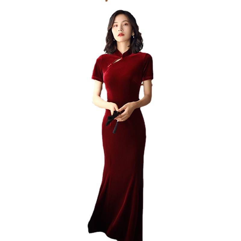 Fangmoyu Fishtail Chinese-Style Toast Dress, Mid-Length Cheongsam, Red Wedding Velvet Dress, New Chinese Style