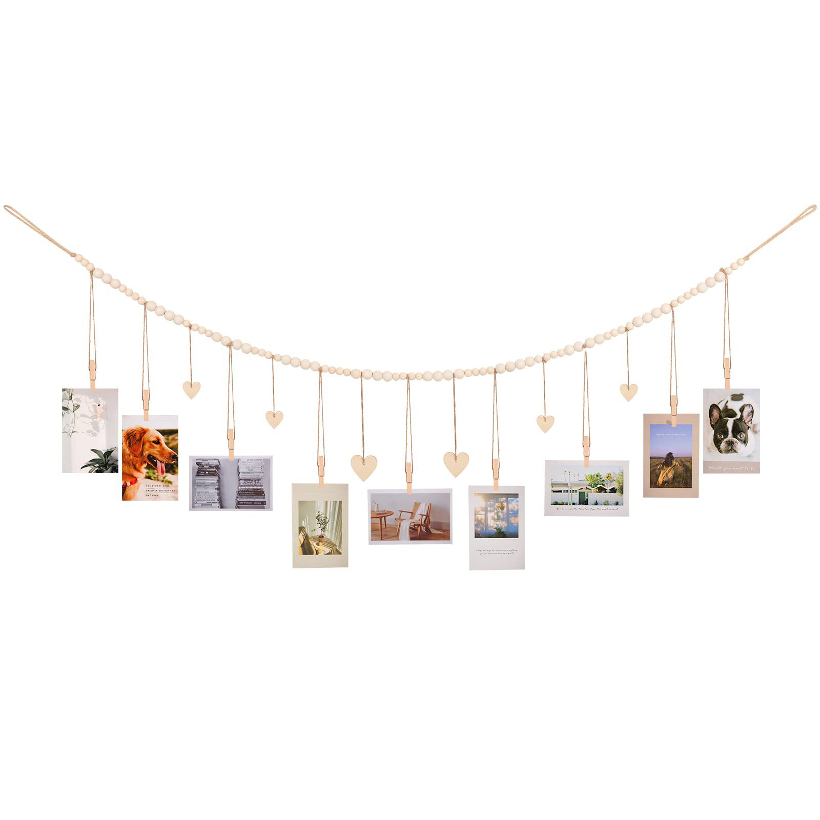 Wooden Beads Hanging Photo Display Log Color Wooden Beads Hemp Rope Tassel Wooden Clip Photo Storage Decoration