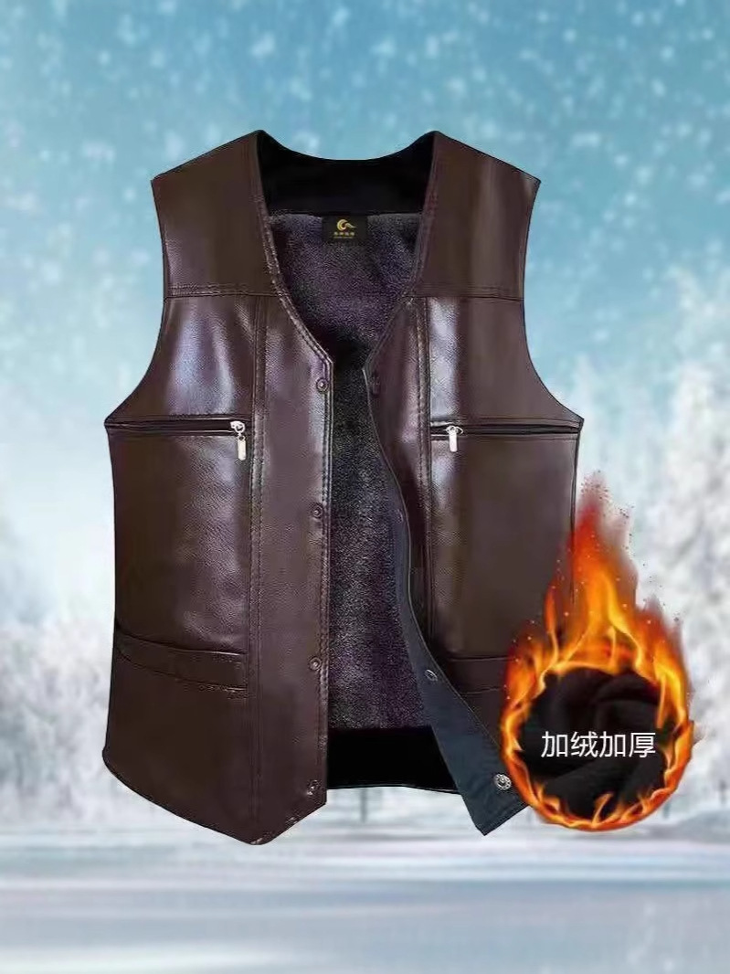 Теплый жилет для мужчин, с флисовой подкладкой, кожаный жилет для мужчин, осенне-зимний жилет для папы