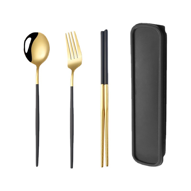 Stainless Steel Portable Tableware Fork Spoon Chopsticks Portuguese Western Tableware Three-piece Set Outdoor Student Tableware Set Gift